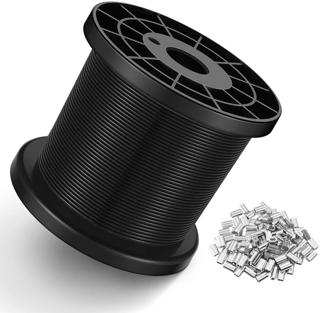 Main image of Black Vinyl Coated Wire Rope 1/16", 500FT 304 Stainless Steel Cable Includes Enough Aluminum Crimping Loop Sleeves for String Light, Clotheslines, Trellis, Picuture Hanging and DIY Projects