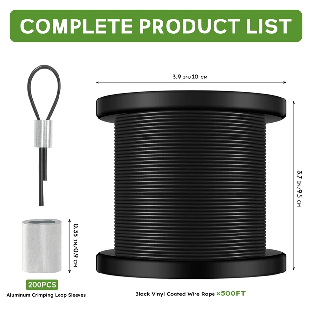Alt view image 2 of 7 - Black Vinyl Coated Wire Rope 1/16", 500FT 304 Stainless Steel Cable Includes Enough Aluminum Crimping Loop Sleeves for String Light, Clotheslines, Trellis, Picuture Hanging and DIY Projects