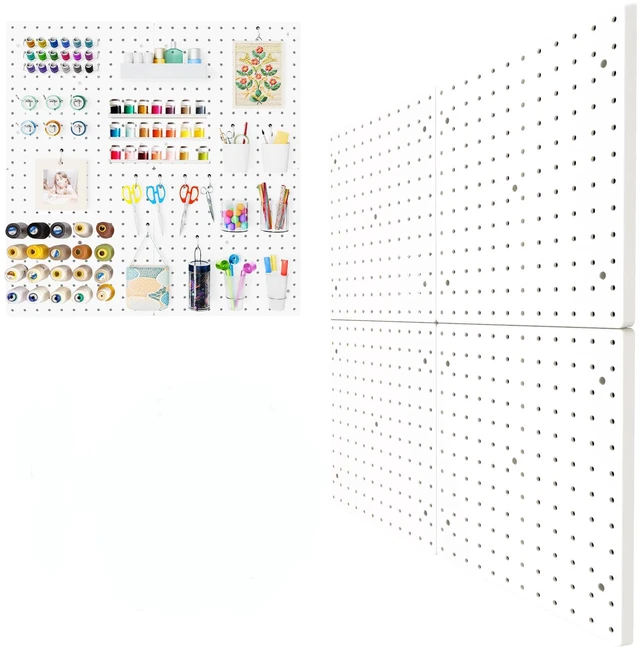 Main image of Plastic Pegboard Wall Organizer Kit, 12x12, 4 Pack, White Durable ABS material, compatible with 1/4"and 1/8" pegboad accessories, includes adhesive or drill installation accessories