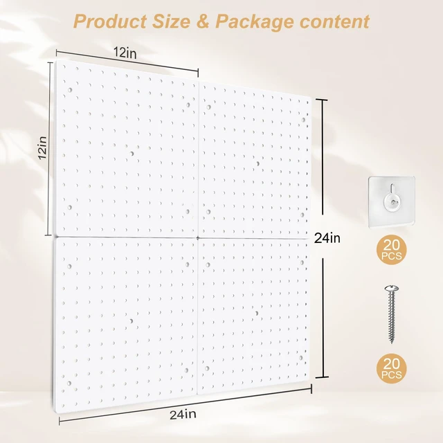 Alt view image 2 of 5 - Plastic Pegboard Wall Organizer Kit, 12x12, 4 Pack, White Durable ABS material, compatible with 1/4"and 1/8" pegboad accessories, includes adhesive or drill installation accessories