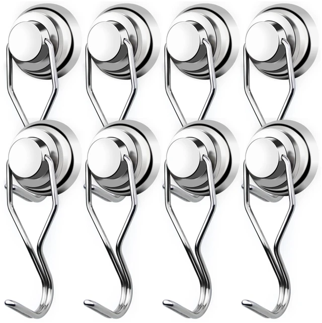 Main image of Swivel Swing Magnetic Hooks 80LBS Heavy Duty Magnet Hook Strong Neodymium Magnetic Hook for Cruise Cabins Refrigerator Hanging Garage Workshop Office and Kitchen Silver 8 Pack