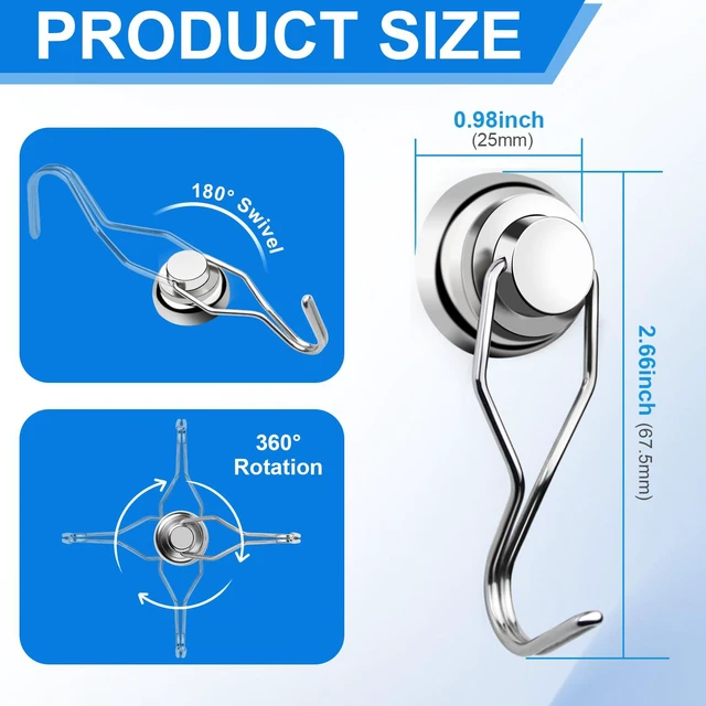 Alt view image 2 of 6 - Magnetic Hooks 80LBS Swivel Swing Magnet Hooks Heavy Duty 10 Pack Strong Neodymium Magnetic Hook for Cruise Cabins Refrigerator Hanging Garage Workshop Office and Kitchen Silver