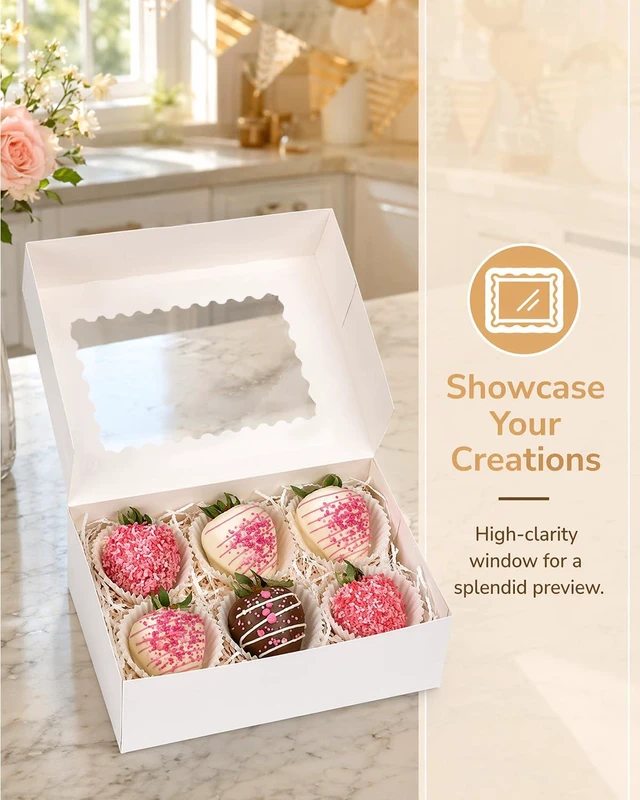 Alt view image 6 of 7 - Auto-pop up Cookie Box with Window 9x6x2.5 Inch White 50Pcs Pastry Macaron Bakery Pie Box For Packaging