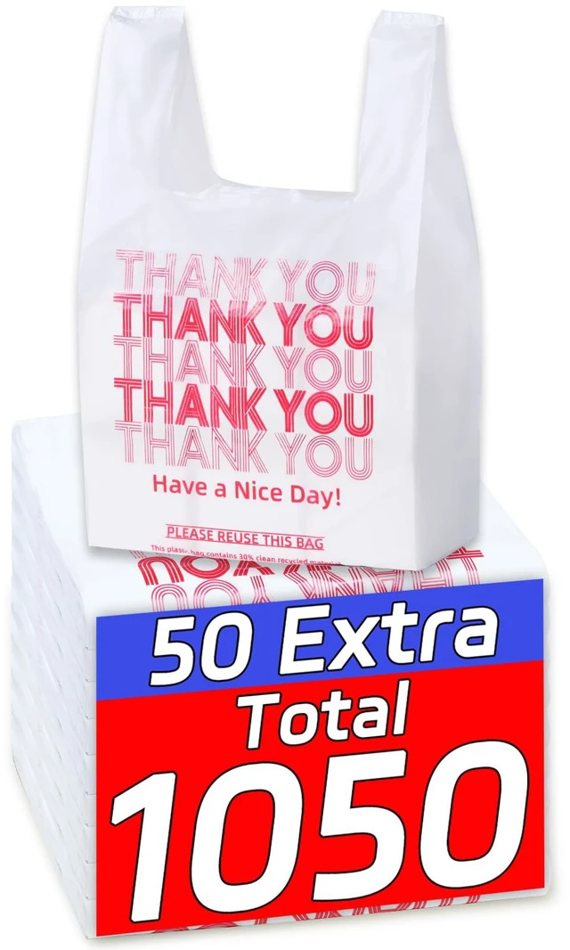 Main image of 1050 Count Plastic Bags with Handles, T-Shirt bags, Thank You bag, Grocery bag, Shopping bag, for Small Business, White and Reusable, 1/6 Barrel, Large Size 11"x6"x21"