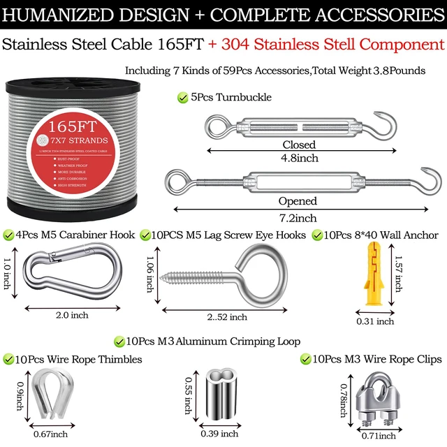 Alt view image 2 of 7 - 165FT Steel Cable Kit | M5 Turnbuckle & 1/8" Stainless Steel Wire Rope