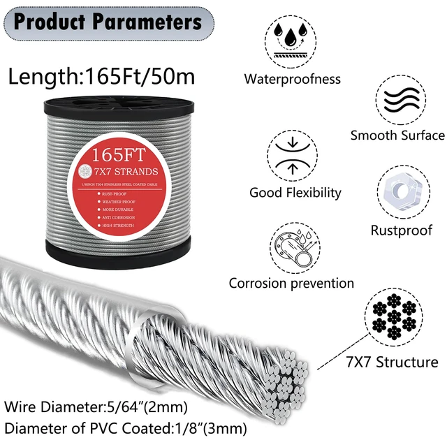 Alt view image 3 of 7 - 165FT Steel Cable Kit | M5 Turnbuckle & 1/8" Stainless Steel Wire Rope