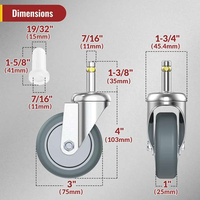 Alt view image 2 of 7 - Stem Caster Wheels 3 inch Casters Set of 8, 7/16-Inch Stem Diameter Swivel Castors Heavy Duty TPR Rubber Replacement Castor for Cart, Stool, Mop Bucket, Grill, Shop Vac