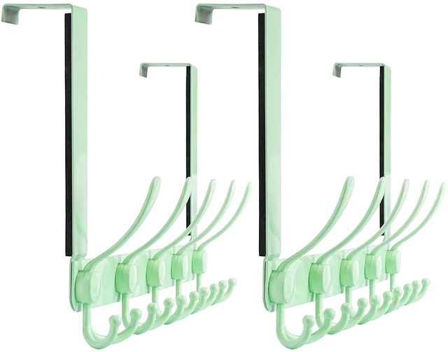 Main image of Over The Door Hook Hanger - Fits 1 3/8" to 1 3/4" Standard Doors | 5 Tri Hooks Heavy Duty Towel/Coat Rack | Door Organizer for Clothes, Jackets, Hats, Towels, Green, Pack of 2