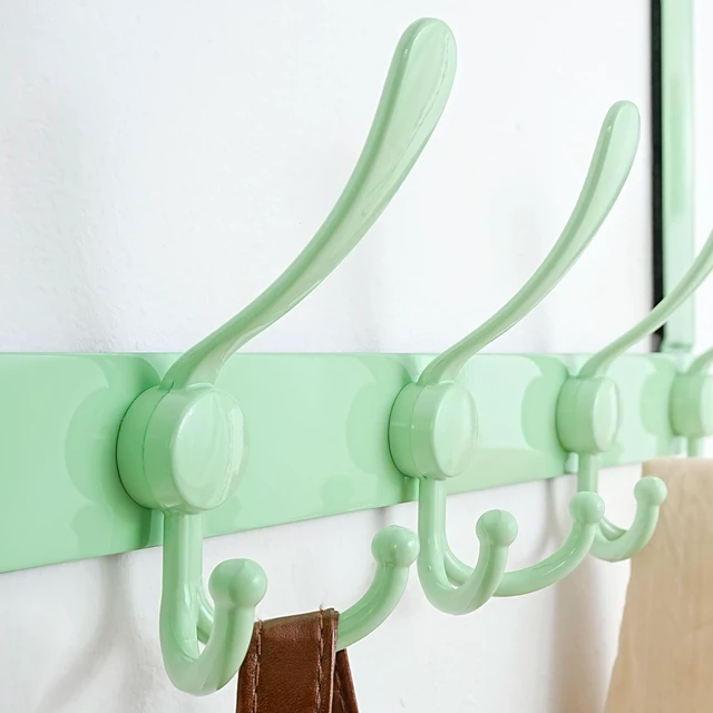 Alt view image 2 of 6 - Over The Door Hook Hanger - Fits 1 3/8" to 1 3/4" Standard Doors | 5 Tri Hooks Heavy Duty Towel/Coat Rack | Door Organizer for Clothes, Jackets, Hats, Towels, Green, Pack of 2
