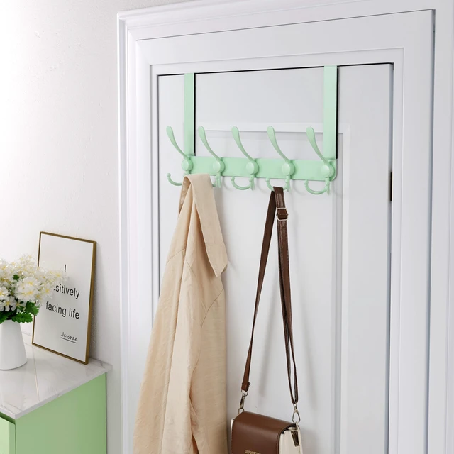 Alt view image 3 of 6 - Over The Door Hook Hanger - Fits 1 3/8" to 1 3/4" Standard Doors | 5 Tri Hooks Heavy Duty Towel/Coat Rack | Door Organizer for Clothes, Jackets, Hats, Towels, Green, Pack of 2