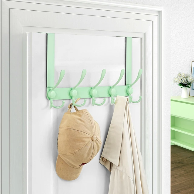 Alt view image 6 of 6 - Over The Door Hook Hanger - Fits 1 3/8" to 1 3/4" Standard Doors | 5 Tri Hooks Heavy Duty Towel/Coat Rack | Door Organizer for Clothes, Jackets, Hats, Towels, Green, Pack of 2