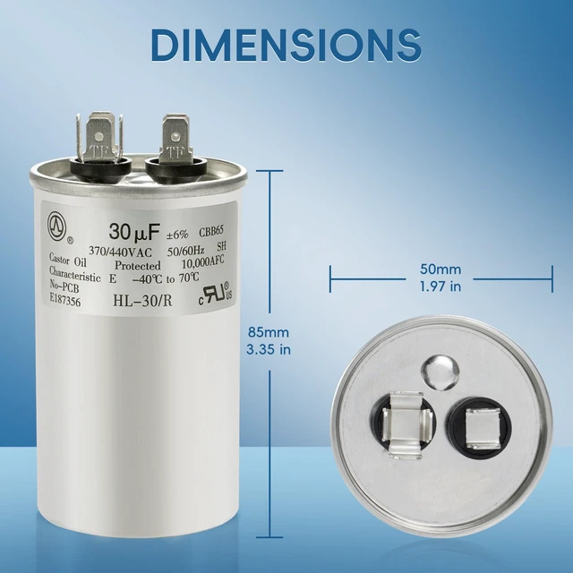 Alt view image 3 of 7 - AC Capacitor 30uF or 30MFD ±6% 370V/440VAC CBB65 Oval Start Capacitor for Heat Pump Air Conditionerfor AC Motor Run or Fan Start and CoolTen Years of Coverage