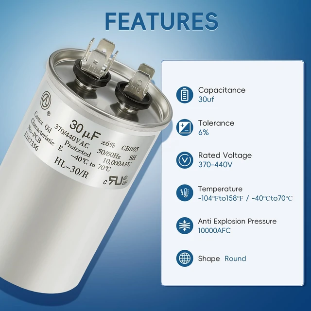 Alt view image 5 of 7 - AC Capacitor 30uF or 30MFD ±6% 370V/440VAC CBB65 Oval Start Capacitor for Heat Pump Air Conditionerfor AC Motor Run or Fan Start and CoolTen Years of Coverage