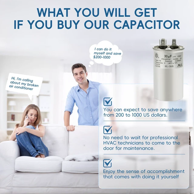 Alt view image 6 of 7 - AC Capacitor 30uF or 30MFD ±6% 370V/440VAC CBB65 Oval Start Capacitor for Heat Pump Air Conditionerfor AC Motor Run or Fan Start and CoolTen Years of Coverage