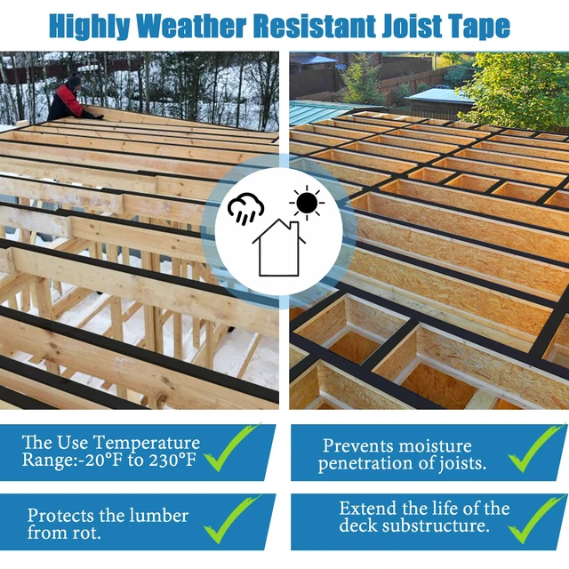 Alt view image 3 of 7 - Deck Joist Tape 2''×50',4 Pack Weather-Resistant Joist Tape for Decking,Waterproof Seal Antiseptic Butyl Decking Tape,Self-Adhesive Flashing JoistsTape for Wood Decks Beams Roof
