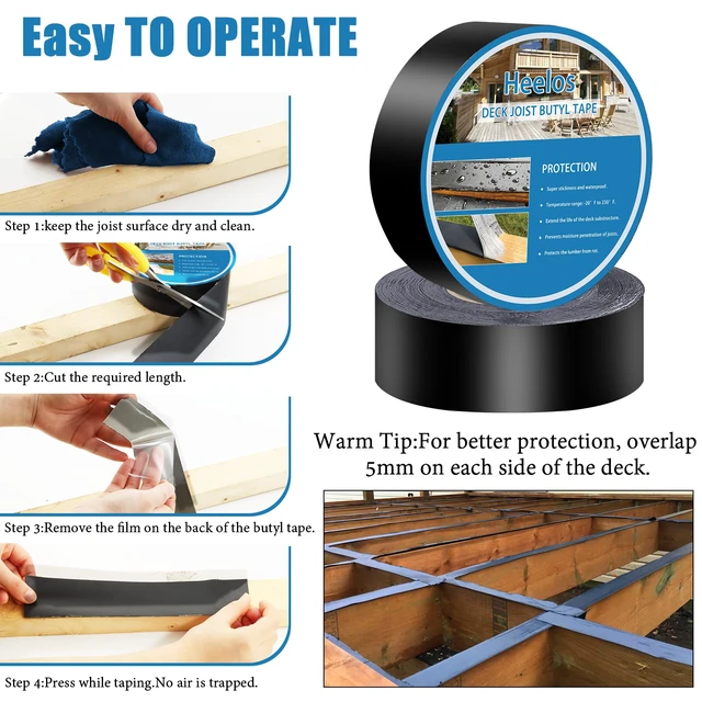 Alt view image 5 of 7 - Deck Joist Tape 2''×50',4 Pack Weather-Resistant Joist Tape for Decking,Waterproof Seal Antiseptic Butyl Decking Tape,Self-Adhesive Flashing JoistsTape for Wood Decks Beams Roof