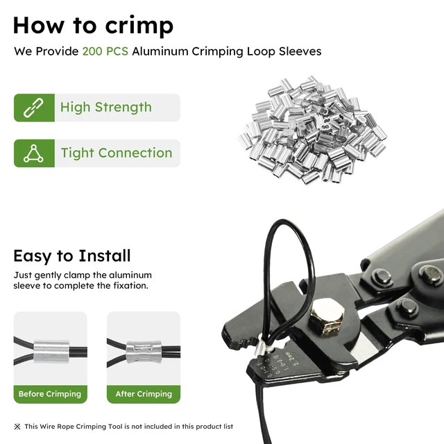 Alt view image 5 of 7 - Black Vinyl Coated Wire Rope 1/16", 500FT 304 Stainless Steel Cable Includes Enough Aluminum Crimping Loop Sleeves for String Light, Clotheslines, Trellis, Picuture Hanging and DIY Projects