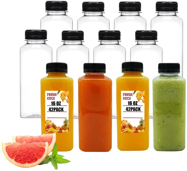 Main image of 42pcs 16oz Plastic Juice Bottles with Caps, Empty PET Disposable Plastic Bottles Bulk with Black Tamper Evident Lids for Juicing, Drinking and Other Beverages (16 Ounces)