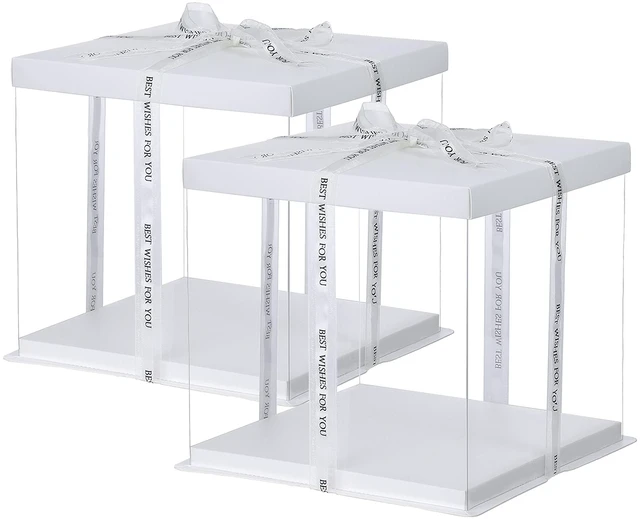 Main image of 2Pcs Large Cake PET Clear Box, 10" X 10" X 9" with ribbon and pre-folded lid, for 8" cake packing carry, baking cookie display, Carry Tall Layer Gift, Festive Gift Box -White