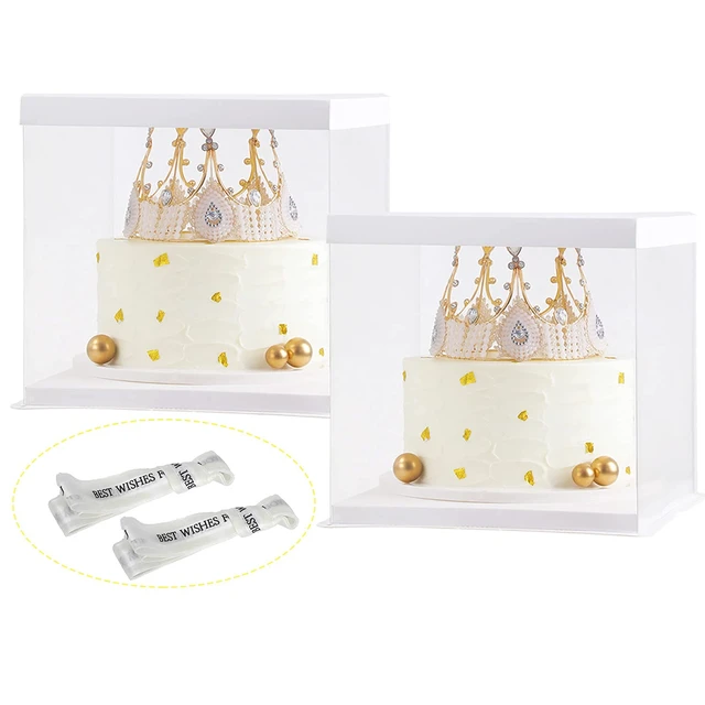 Alt view image 2 of 7 - 2Pcs Large Cake PET Clear Box, 10" X 10" X 9" with ribbon and pre-folded lid, for 8" cake packing carry, baking cookie display, Carry Tall Layer Gift, Festive Gift Box -White