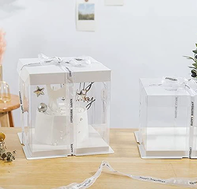Alt view image 4 of 7 - 2Pcs Large Cake PET Clear Box, 10" X 10" X 9" with ribbon and pre-folded lid, for 8" cake packing carry, baking cookie display, Carry Tall Layer Gift, Festive Gift Box -White