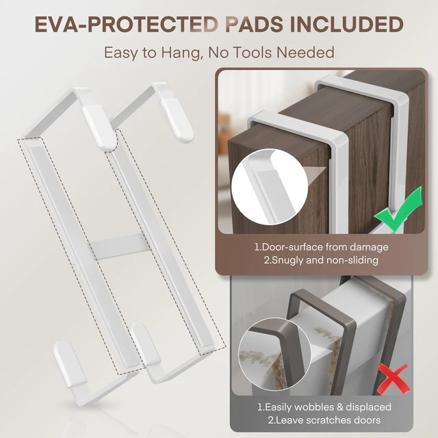 Alt view image 2 of 7 - Over The Door Hooks, 4 Packs Double Sided-Hanger Fits Door 1-7/8"White No Scratch Door Hanger Hook, Heavy Duty No Drill Wall Hooks for Hanging Coats Towels Bags Wreath Kitchen Bathroom 5.12"L