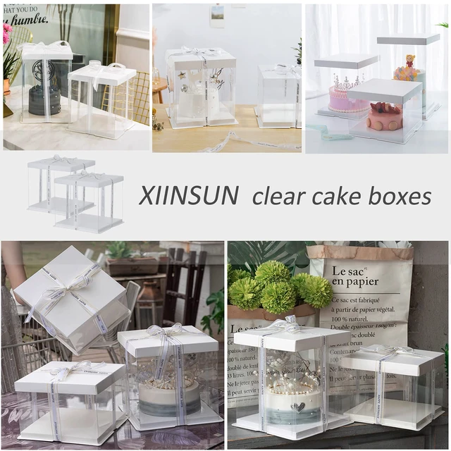 Alt view image 5 of 7 - 2Pcs Large Cake PET Clear Box, 10" X 10" X 9" with ribbon and pre-folded lid, for 8" cake packing carry, baking cookie display, Carry Tall Layer Gift, Festive Gift Box -White