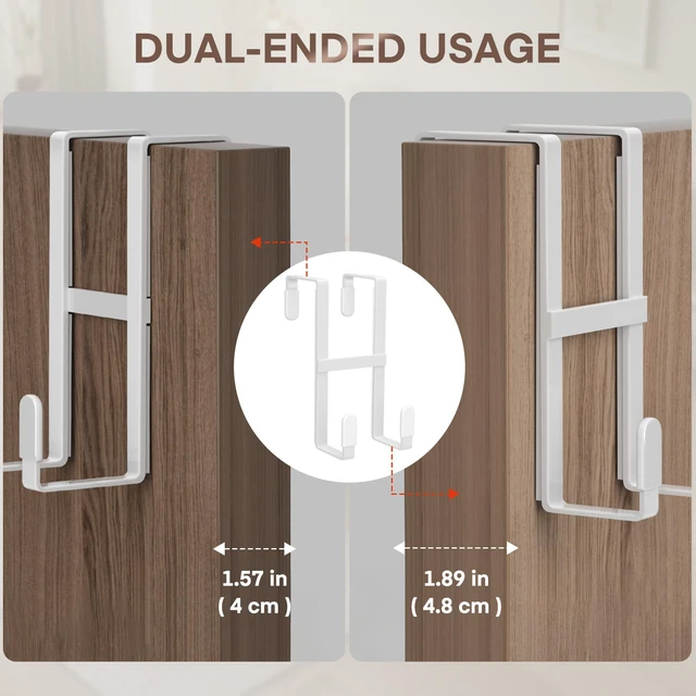 Alt view image 3 of 7 - Over The Door Hooks, 4 Packs Double Sided-Hanger Fits Door 1-7/8"White No Scratch Door Hanger Hook, Heavy Duty No Drill Wall Hooks for Hanging Coats Towels Bags Wreath Kitchen Bathroom 5.12"L