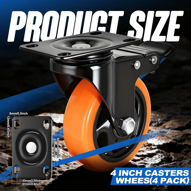 Alt view image 2 of 7 - Caster Wheels, 4 Inch Caster Set of 4, Dual Locking PU Casters 2400LB, Swivel Casters for Furniture, Workbench & Tool Cart Quiet, Floor Safe, Smooth Rolling