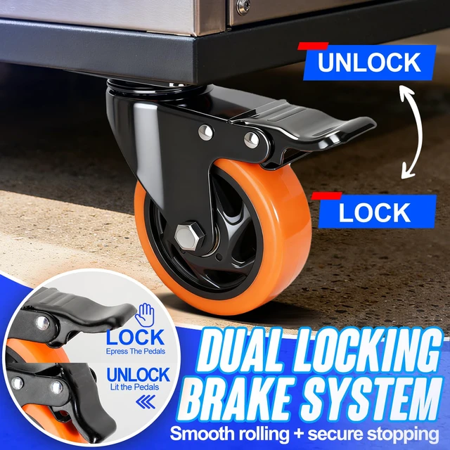 Alt view image 3 of 7 - Caster Wheels, 4 Inch Caster Set of 4, Dual Locking PU Casters 2400LB, Swivel Casters for Furniture, Workbench & Tool Cart Quiet, Floor Safe, Smooth Rolling