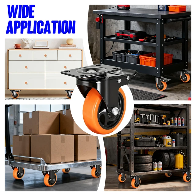 Alt view image 5 of 7 - Caster Wheels, 4 Inch Caster Set of 4, Dual Locking PU Casters 2400LB, Swivel Casters for Furniture, Workbench & Tool Cart Quiet, Floor Safe, Smooth Rolling