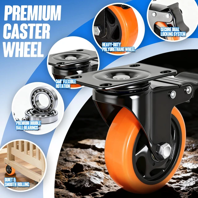 Alt view image 6 of 7 - Caster Wheels, 4 Inch Caster Set of 4, Dual Locking PU Casters 2400LB, Swivel Casters for Furniture, Workbench & Tool Cart Quiet, Floor Safe, Smooth Rolling