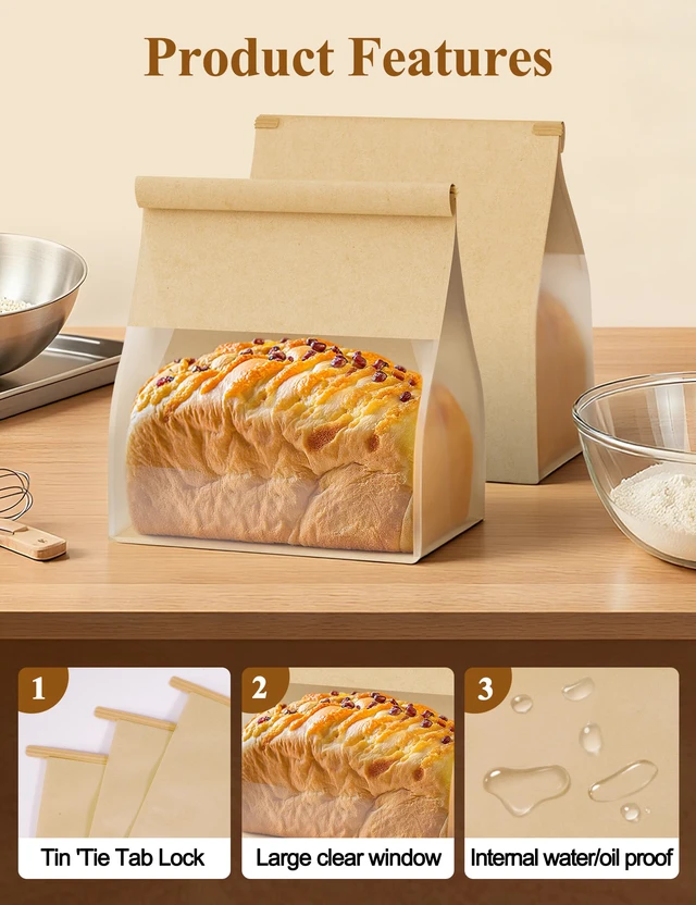 Alt view image 3 of 7 - Bread Cookie Bags with Window & Tin Tie 5.1x3.9x11.0 (100,Medium) Food Safe Brown Paper, Clear Window, Reusable Tin Tie, for Homemade Bread, Cookies, Muffins, Pastry, Candy, Party Favor