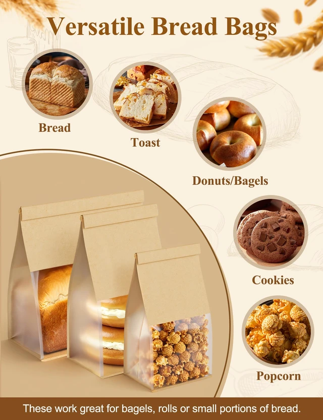 Alt view image 4 of 7 - Bread Cookie Bags with Window & Tin Tie 5.1x3.9x11.0 (100,Medium) Food Safe Brown Paper, Clear Window, Reusable Tin Tie, for Homemade Bread, Cookies, Muffins, Pastry, Candy, Party Favor
