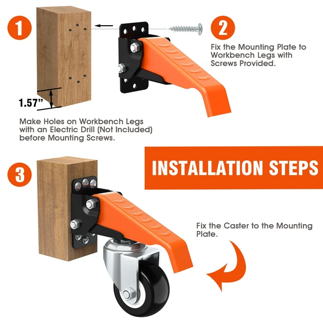 Alt view image 4 of 7 - Workbench Casters Wheels Kit Retractable Casters Set of 4, 660Lbs 2.5" heavy duty side mount lifting caster, adjustable stepdown castors 4-pack for table, work bench leg & shop equipment