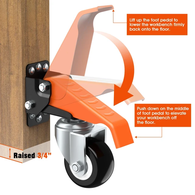 Alt view image 5 of 7 - Workbench Casters Wheels Kit Retractable Casters Set of 4, 660Lbs 2.5" heavy duty side mount lifting caster, adjustable stepdown castors 4-pack for table, work bench leg & shop equipment