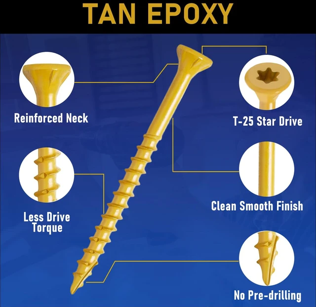 Alt view image 2 of 7 - #10 x 3-1/2 in Deck Screws, 350 PCS, Tan Exterior Wood Screws Epoxy coated, rust-resistant Torx drive include T25 star bit for decks, fences and outdoor wood projects