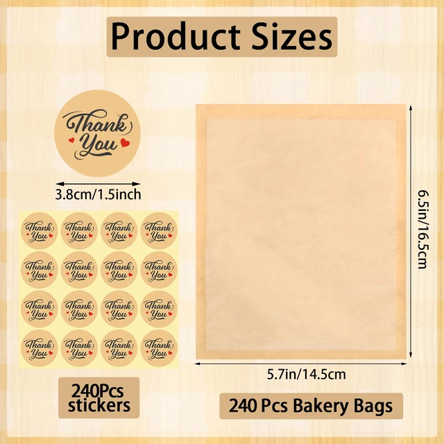 Alt view image 2 of 6 - 240 Pack Cookie Packaging Bags with Stickers, 5.7×6.5 In Paper Bakery Bags Grease Resistant, Heat Sealable To Go Sleeves with Window for Bake Sale Brownie, Waffle, Donut, Cake Slice, Scone, Bakery Use