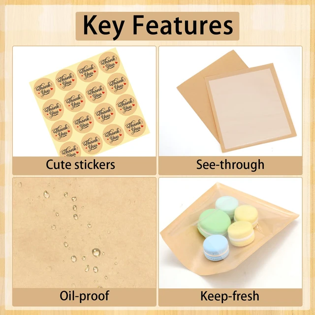 Alt view image 3 of 6 - 240 Pack Cookie Packaging Bags with Stickers, 5.7×6.5 In Paper Bakery Bags Grease Resistant, Heat Sealable To Go Sleeves with Window for Bake Sale Brownie, Waffle, Donut, Cake Slice, Scone, Bakery Use