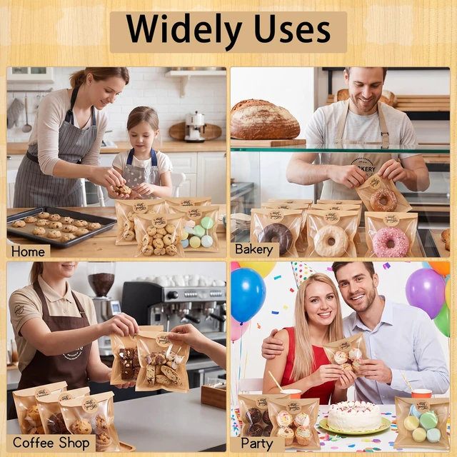 Alt view image 6 of 6 - 240 Pack Cookie Packaging Bags with Stickers, 5.7×6.5 In Paper Bakery Bags Grease Resistant, Heat Sealable To Go Sleeves with Window for Bake Sale Brownie, Waffle, Donut, Cake Slice, Scone, Bakery Use