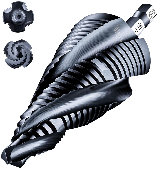 Main image of toolant M35 Cobalt Step Drill Bit, 1/4"-1-1/8", TiAlN, 1/4" Hex Shank M35 Cobalt HSS; TiAlN Coating; Four Spiral Flutes; 1/4" Hex Shank Unibit; Metal/Stainless/Aluminum/Plastic