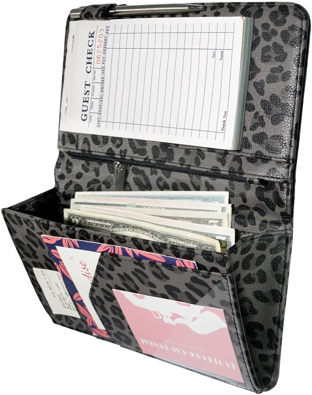 Main image of Server Book for Waitress, Zipper Pocket, Magnetic Closure, Grey Leopard Cute Waitress Book Wallet with Money Pocket, Cheetah 5"x9", Restaurant Accessories, Waitstaff Organizer for Server Apron