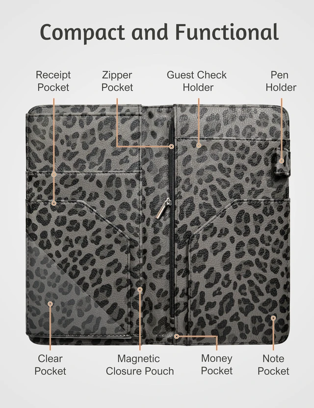 Alt view image 3 of 7 - Server Book for Waitress, Zipper Pocket, Magnetic Closure, Grey Leopard Cute Waitress Book Wallet with Money Pocket, Cheetah 5"x9", Restaurant Accessories, Waitstaff Organizer for Server Apron