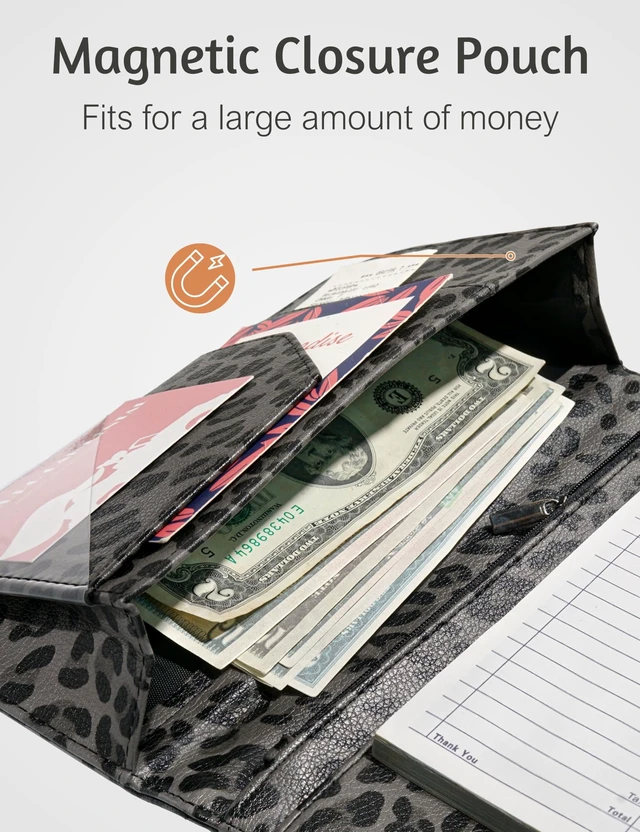 Alt view image 4 of 7 - Server Book for Waitress, Zipper Pocket, Magnetic Closure, Grey Leopard Cute Waitress Book Wallet with Money Pocket, Cheetah 5"x9", Restaurant Accessories, Waitstaff Organizer for Server Apron
