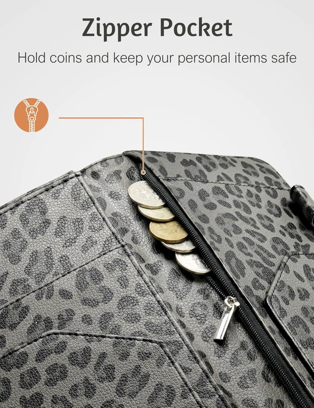 Alt view image 5 of 7 - Server Book for Waitress, Zipper Pocket, Magnetic Closure, Grey Leopard Cute Waitress Book Wallet with Money Pocket, Cheetah 5"x9", Restaurant Accessories, Waitstaff Organizer for Server Apron