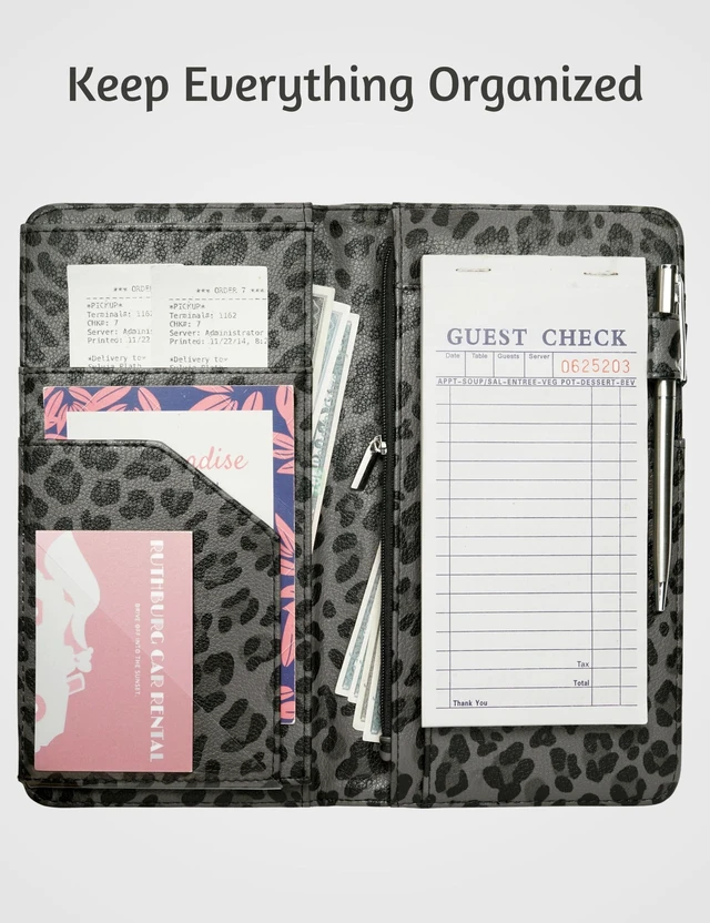 Alt view image 6 of 7 - Server Book for Waitress, Zipper Pocket, Magnetic Closure, Grey Leopard Cute Waitress Book Wallet with Money Pocket, Cheetah 5"x9", Restaurant Accessories, Waitstaff Organizer for Server Apron