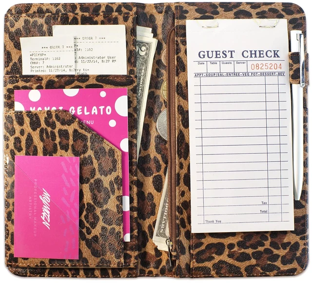 Main image of Server Book for Waitress with Zipper Pocket, Magnetic Closure, Leopard Cute Waitress Book Wallet with Money Pouch, Cheetah 5"x9", Restaurant Accessories, Waitstaff Organizer for Server Apron