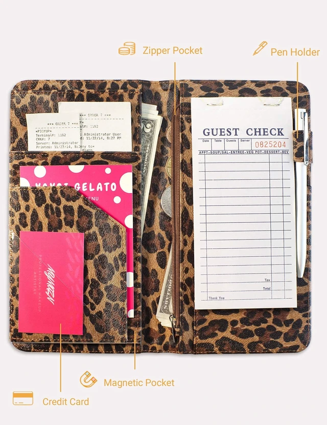 Alt view image 4 of 7 - Server Book for Waitress with Zipper Pocket, Magnetic Closure, Leopard Cute Waitress Book Wallet with Money Pouch, Cheetah 5"x9", Restaurant Accessories, Waitstaff Organizer for Server Apron