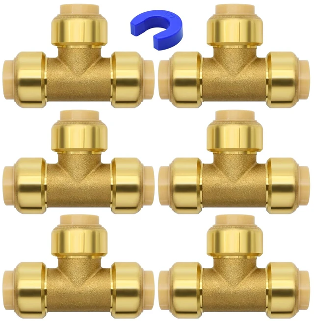 Main image of 6 Pack 1/2" Pushfit Tee Fittings with Disconnect Clip for Copper, PEX, CPVC Pipe