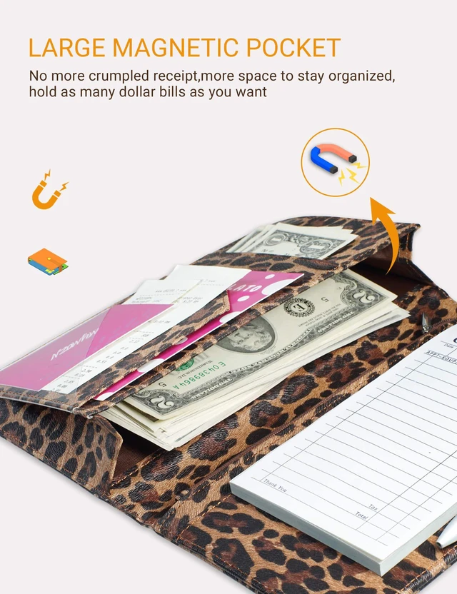 Alt view image 6 of 7 - Server Book for Waitress with Zipper Pocket, Magnetic Closure, Leopard Cute Waitress Book Wallet with Money Pouch, Cheetah 5"x9", Restaurant Accessories, Waitstaff Organizer for Server Apron